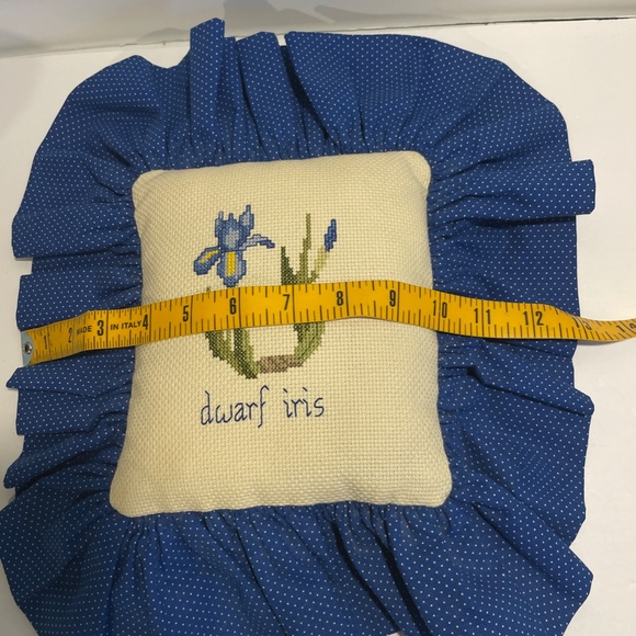 Hand-Made Pillow with Hand Crossed Stitch Dwarf Iris Design. - Picture 4 of 5